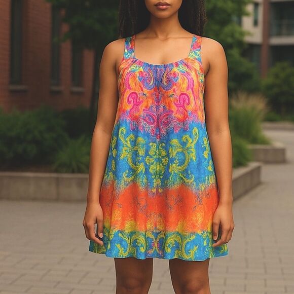 Ocean Breeze | colorful Twee print summer dress size small - Picture 1 of 9